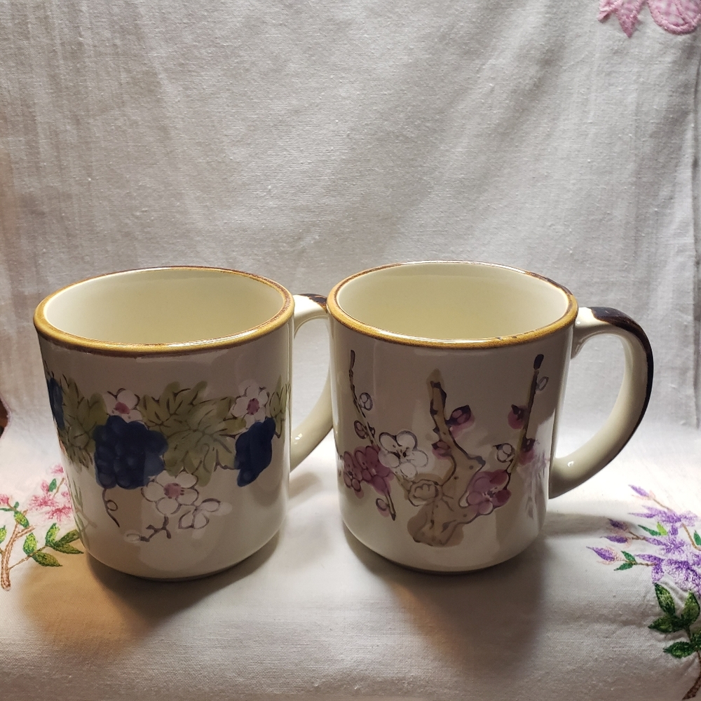 Vintage Sunnycraft Stoneware Floral Grapes And Cherry Blossom Mugs